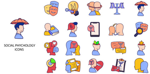 Social Phychology simple concept 24 hand drawn color icons set .Vector illustration.