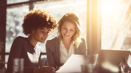 Two Businesswomen Collaborating On Project, Reviewing Documents