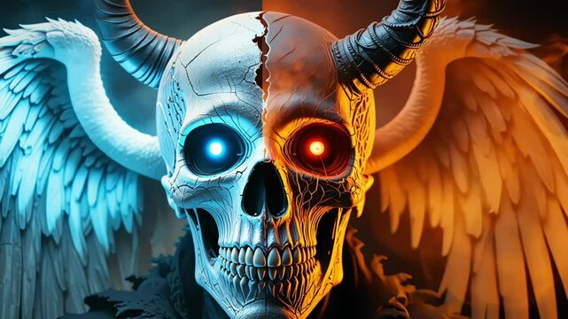 Dual-faced human skull with angelic and demonic halves