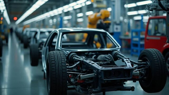 Car manufacturing production line modern assembly welding chassis automotive industry workshop line factory automobile technology research robot arm automation progress precision quality