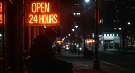 Night solitude in the city, illuminated by the glow of a 24-hour sign creating an atmosphere of contemplation and urban loneliness