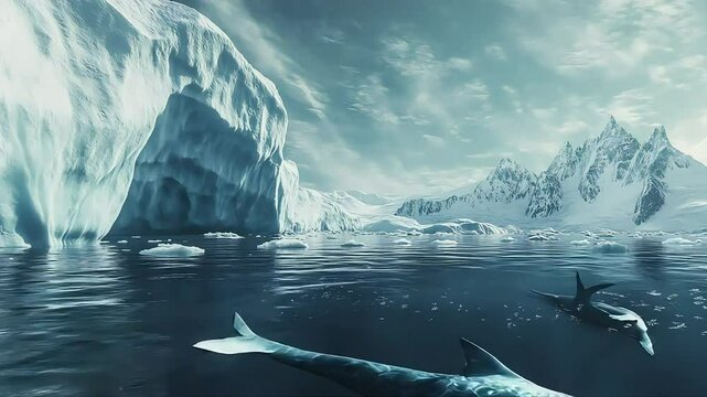 Majestic whales in ice covered polar landscape