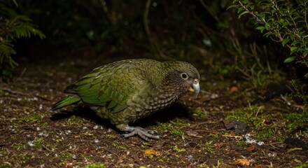 Obraz premium Close-up of a curious Kea bird in its natural forest habitat during daytime
