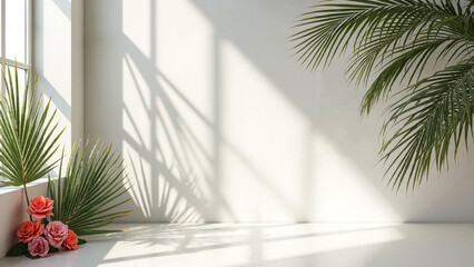 Minimalist white studio background with soft natural lighting, tropical palm leaves, and elegant 3D room for luxury branding, e-commerce, fashion, cosmetics, or summer-themed marketing    keywords:   