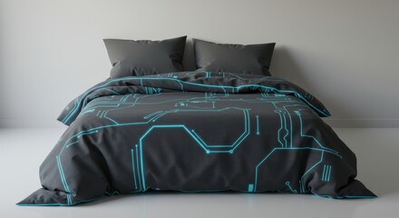 Futuristic Bedspread with Glowing Circuit Pattern for Modern Bedroom Decor