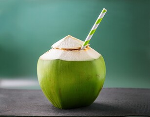 fresh green coconut with straw cut out refreshing summer drink