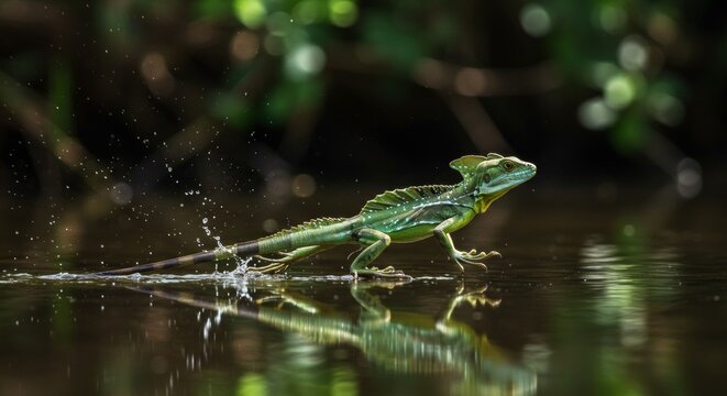 Emerald basilisk in action crossing water creating dynamic ripples