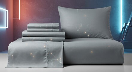 Contemporary bedding set with geometric light pattern in studio setting