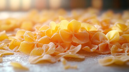 Raw golden pasta pieces artistically arranged for cooking high resolution photo