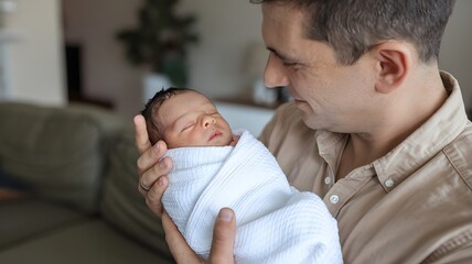 A father gently cradling his newborn baby, filled with love and tenderness