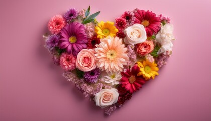 heart shape surrounded by colorful fresh flowers on pink background