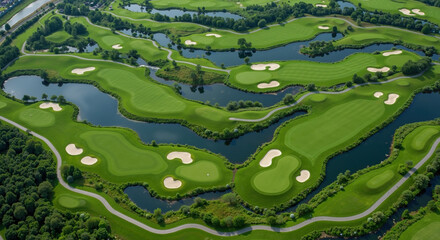 Aerial view of luxury golf course with winding blue water hazards. manicured green fairways with white sand bunkers. sports facility with strategic course. recreation destination