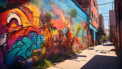 Obraz premium urban street art colorful street art on weathered wall in city alley under sunlight with room for text
