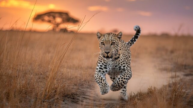 A running leopard captured in action in the savanna grassland during the sunset, symbolizing speed and freedom