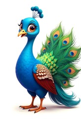 Obraz premium Cute cartoon peacock with colorful feathers and big eyes high resolution image