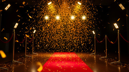 Gold confetti rain on a red carpet, spotlights illuminate the path