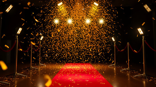 Gold confetti rain on a red carpet, spotlights illuminate the path - Powered by Adobe