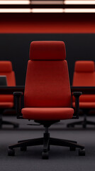 Obraz premium Vibrant red office chairs in a modern conference room, offering comfort and style for collaborative workspaces. Interior design focus.