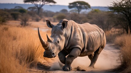 Fototapeta premium A rhinoceros walking gracefully along a path in the wilderness, with a beautiful landscape.
