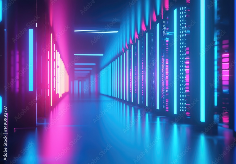 Poster bright neon-lit server corridor in pink and blue hues reflecting on the glossy floor, ideal for futu