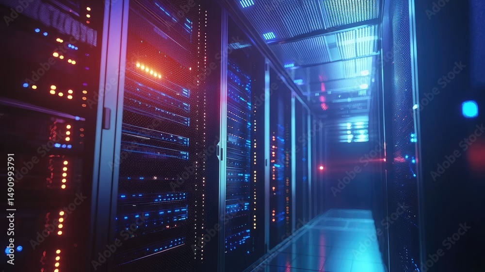 Poster High-tech data center with glowing server racks illuminated in red and blue lights, showcasing digital infrastructure, ideal for IT, cloud, and cybersecurity themes