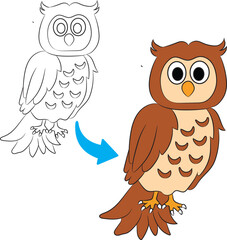Cute Owl Cartoon Outline and Coloring Illustration Isolated on White Background