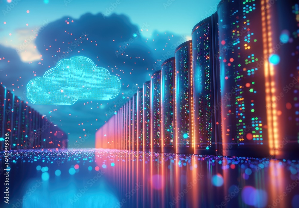 Leinwandbilder Digital cloud icon floats above glowing servers with colorful data lights and reflections under a blue sky, perfect for cloud computing, storage, or futuristic tech visuals
