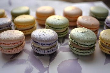 Fototapeta premium Colorful macarons resting on a decorated surface are waiting to be eaten