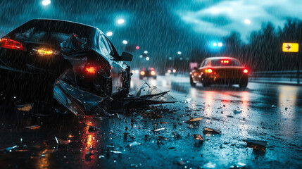 A damaged car on the road after a collision. The concept of traffic accidents, road safety, emergency response, and the consequences of reckless driving. Generative AI.