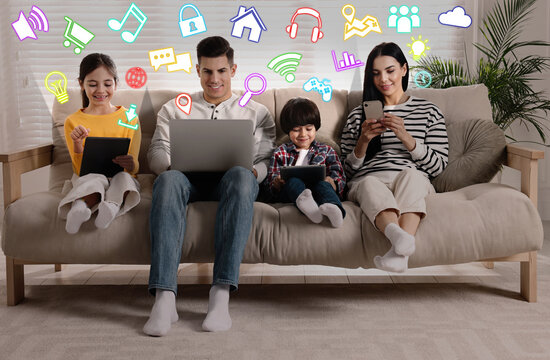 Internet addicted family using gadgets instead of spending time together at home. Different icons near them
