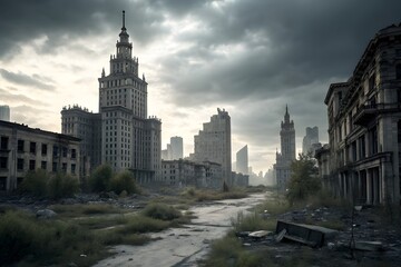 Obraz premium Abandoned block of flats with ivy, grass and trash