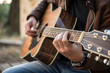 Obraz premium Playing the guitar. Strumming acoustic guitar. Musician plays music. Man fingers holding mediator. Man hand playing guitar neck in dark room. Unrecognizable person rehearsing, fretboard close-up.