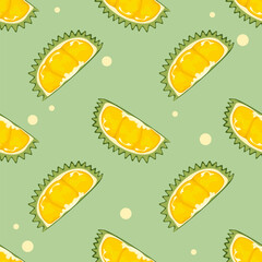 Seamless pattern vector illustration with cute durian pieces and whole fruit, the king of fruits, with thorns in a fun, colorful style. Suitable for fabric, packaging and summer related works.