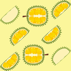 Seamless pattern vector illustration with cute durian pieces and whole fruit, the king of fruits, with thorns in a fun, colorful style. Suitable for fabric, packaging and summer related works.