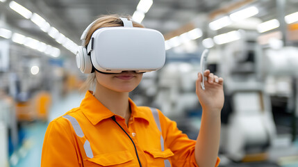 Female engineer using VR headset in a factory setting. Augmented reality is changing the way we design and create products. New technologies are improving productivity.