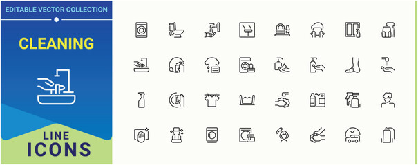 Cleaning modern icon set. Contain linear sign washer, bath, wash, clean and more. Washing icon collection. Icons for website. Editable stroke. Vector illustration.