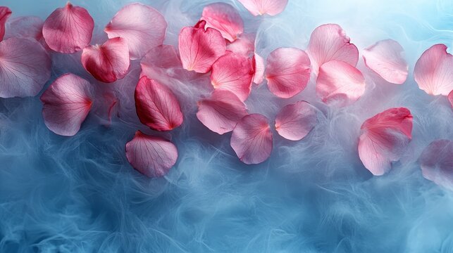 Delicate rose petals floating in a soft smoky haze.