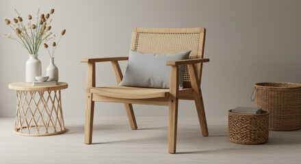 A serene interior featuring a wooden chair with a woven back and seat