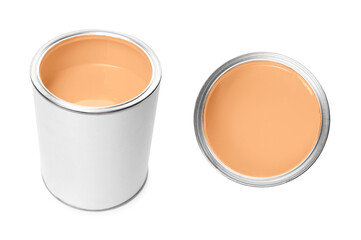 Pastel orange paint in can isolated on white. Top and side view