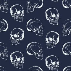 WebVector abstract pattern in punk style. Seamless pattern consisting of skulls in light colors on a dark background is suitable for printing and will decorate any project.