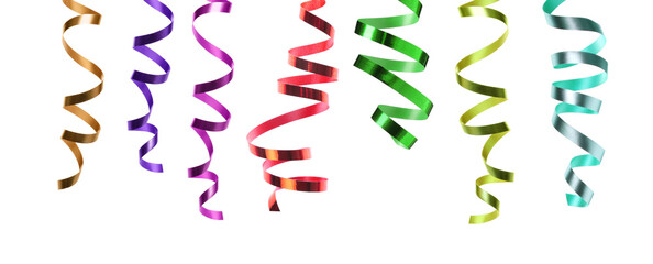 Bright serpentine streamers on white background. Party decor
