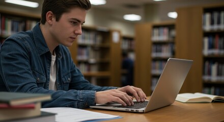 Focused Student Working on Laptop in Library Amidst Bookshelves