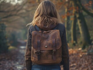 Woman hiking with leather backpack in autumn forest