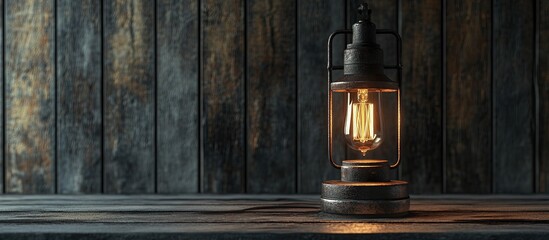 Rustic metal lantern with Edison bulb on wooden surface.