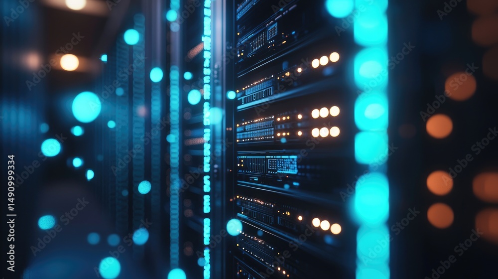 Aufkleber Server racks with glowing blue and orange lights surrounded by floating digital particles in a dark corridor, ideal for futuristic cloud technology, data, or cyber systems