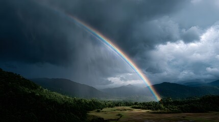 Rainbow breaking through stormy sky background 