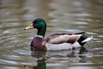 Obraz premium Vibrant Male Duck Swimming Gracefully in Calm Water Surface
