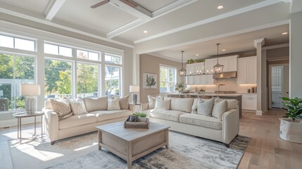 Fototapeta premium Bright and airy open concept living space with kitchen in background