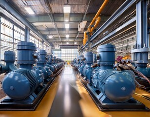 this image features a series of industrial pumps aligned in a production facility showcasing their robust construction and essential role in maintaining fluid dynamics