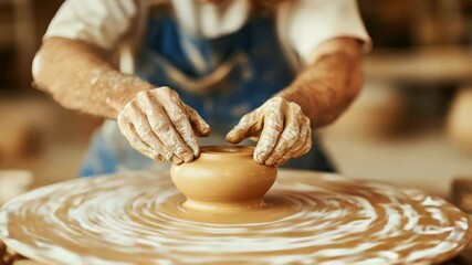 Hands shaping clay on a spinning pottery wheel, focusing on the art of pottery making.